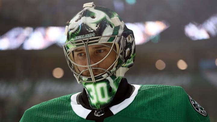 NHL DFS: DALLAS, TX - SEPTEMBER 18: Ben Bishop #30 of the Dallas Stars in goal against the St. Louis Blues during a preseason game at American Airlines Center on September 18, 2018 in Dallas, Texas. (Photo by Ronald Martinez/Getty Images)