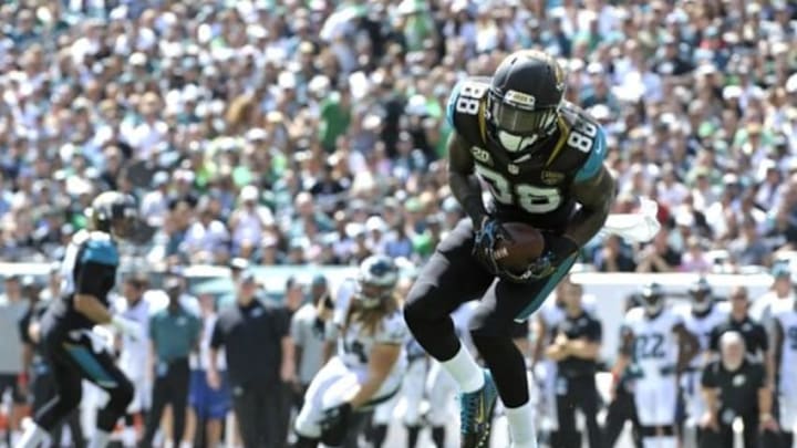 Sep 7, 2014; Philadelphia, PA, USA; Jacksonville Jaguars wide receiver Allen Hurns (88) catches a 34-yard touchdown pass against the Philadelphia Eagles in the first quarter at Lincoln Financial Field. Mandatory Credit: Eric Hartline-USA TODAY Sports