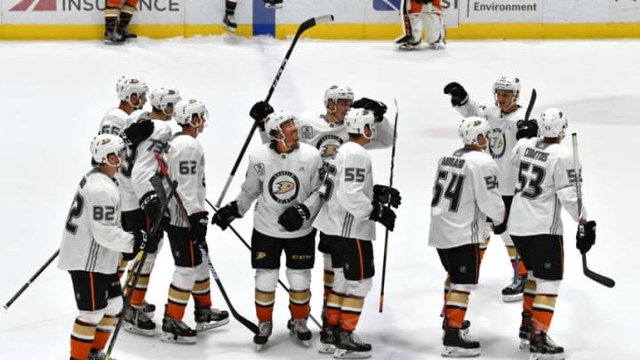 IRVINE, CA - JUNE 29: Anaheim Ducks team Wilford players react after defeating Ducks team Morrison in an Anaheim Ducks Development Camp game held on June 29, 2019 at FivePoint Arena at the Great Park Ice in Irvine, CA. (Photo by John Cordes/Icon Sportswire via Getty Images)