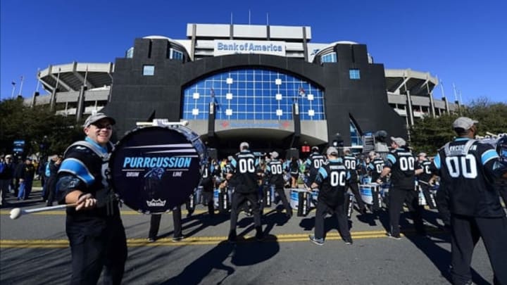 Jan 12, 2014; Charlotte, NC, USA; The Purrcussion drum line performs prior to the 2013 NFC divisional playoff football game between the Carolina Panthers and the San Francisco 49ers at Bank of America Stadium. Mandatory Credit: Bob Donnan-USA TODAY Sports