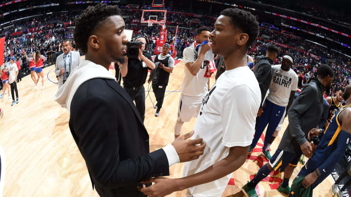 LOS ANGELES, CA – APRIL 10: Donovan Mitchell #45 of the Utah Jazz and Shai Gilgeous-Alexander #2 of the LA Clippers talk after the game on April 10, 2019 at STAPLES Center in Los Angeles, California. NOTE TO USER: User expressly acknowledges and agrees that, by downloading and/or using this photograph, user is consenting to the terms and conditions of the Getty Images License Agreement. Mandatory Copyright Notice: Copyright 2019 NBAE (Photo by Andrew D. Bernstein/NBAE via Getty Images)