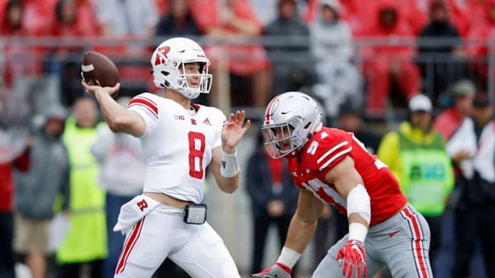 COLUMBUS, OH - SEPTEMBER 08: Artur Sitkowski #8 of the Rutgers Scarlet Knights throws a pass while under pressure from Nick Bosa #97 of the Ohio State Buckeyes in the first quarter of the game at Ohio Stadium on September 8, 2018 in Columbus, Ohio. (Photo by Joe Robbins/Getty Images)