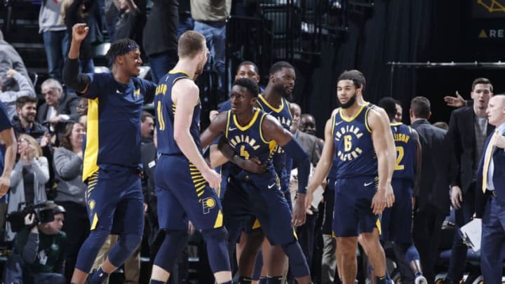INDIANAPOLIS, IN - JANUARY 27: Victor Oladipo #4 of the Indiana Pacers celebrates with teammates after a 114-112 win against the Orlando Magic at Bankers Life Fieldhouse on January 27, 2018 in Indianapolis, Indiana. NOTE TO USER: User expressly acknowledges and agrees that, by downloading and or using the photograph, User is consenting to the terms and conditions of the Getty Images License Agreement. (Photo by Joe Robbins/Getty Images)
