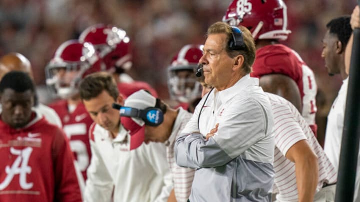 Oct 8, 2022; Tuscaloosa, Alabama, USA; Alabama Crimson Tide head coach Nick Saban reacts during the second half against the Texas A&M Aggies at Bryant-Denny Stadium. Mandatory Credit: Marvin Gentry-USA TODAY Sports