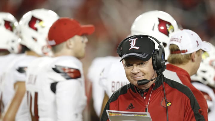 HOUSTON, TX - NOVEMBER 17: Head coach Bobby Petrino of the Louisville Cardinals on the sidelines against the Houston Cougars in the third quarter at TDECU Stadium on November 17, 2016 in Houston, Texas. Houston Cougars won 36 to 10. (Photo by Thomas B. Shea/Getty Images)