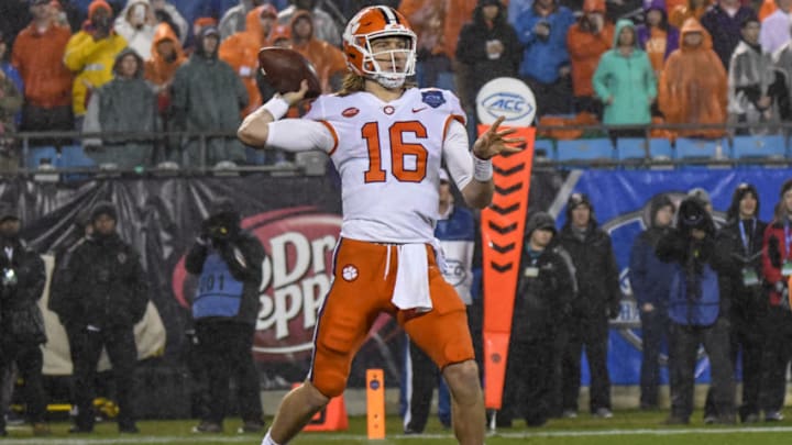 CHARLOTTE, NC - DECEMBER 01: Clemson Tigers quarterback Trevor Lawrence (16) passes during the ACC Championship game between the Clemson Tigers and the Pittsburgh Panthers on December 01, 2018 at Bank of America Stadium in Charlotte, NC. (Photo by William Howard/Icon Sportswire via Getty Images)