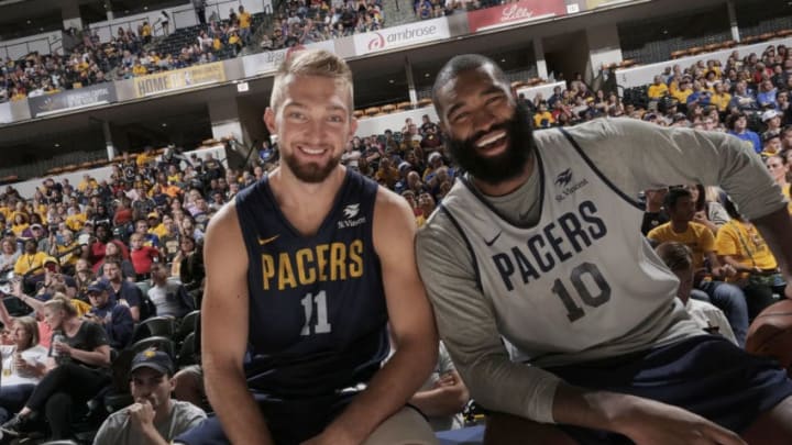 INDIANAPOLIS - SEPTEMBER 30: Domantas Sabonis #11 and Kyle O'Quinn #10 of the Indiana Pacers pose for a photo during fan jam at Bankers Life Fieldhouse on September 30, 2018 in Indianapolis, Indiana. NOTE TO USER: User expressly acknowledges and agrees that, by downloading and or using this Photograph, user is consenting to the terms and condition of the Getty Images License Agreement. Mandatory Copyright Notice: 2018 NBAE (Photo by Ron Hoskins/NBAE via Getty Images)