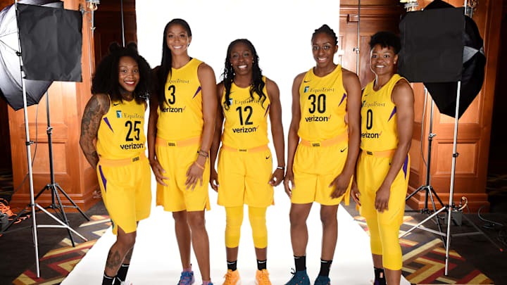 LOS ANGELES, CA – MAY 15: Cappie Pondexter #25 Candace Parker #3 Chelsea Gray #12 Nneka Ogwumike #30 and Alana Beard #0 of the Los Angeles Sparks pose for a portrait at Los Angeles Athletic Club on May 15, 2018 in Los Angeles, California. NOTE TO USER: User expressly acknowledges and agrees that, by downloading and or using this photograph, User is consenting to the terms and conditions of the Getty Images License Agreement. Mandatory Copyright Notice: Copyright 2018 NBAE (Photo by Adam Pantozzi/NBAE via Getty Images)