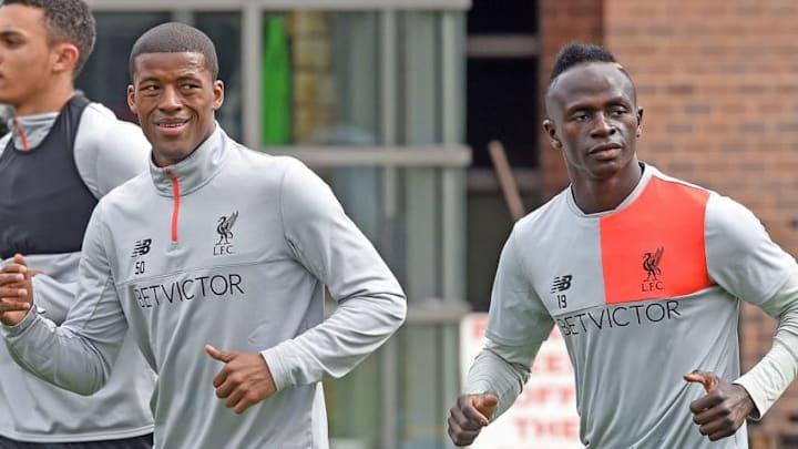 LIVERPOOL, ENGLAND - MARCH 30: (THE SUN OUT, THE SUN ON SUNDAY OUT) Sadio Mane and Georginio Wijnaldum of Liverpool during a training session at Melwood Training Ground on March 30, 2017 in Liverpool, England. (Photo by John Powell/Liverpool FC via Getty Images)