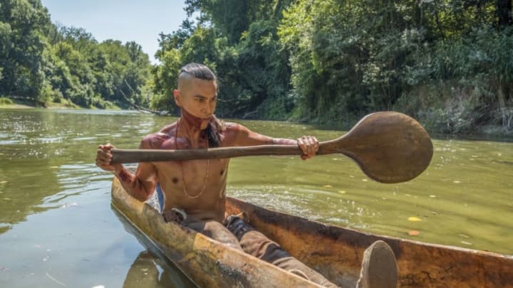 Jamestown Season 2Episode 3Sky 1Kalani Queypo as ChacrowChacrow paddles in a boat© Carnival Film & Television Limited 2018Credit: Orbital Strangers