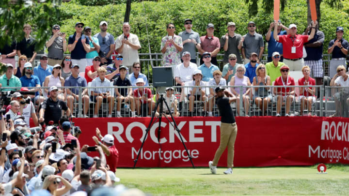 DETROIT, MICHIGAN - JULY 30: Tony Finau of the United States plays his shot from the first tee as fans look on during the third round of the Rocket Mortgage Classic at Detroit Golf Club on July 30, 2022 in Detroit, Michigan. (Photo by Gregory Shamus/Getty Images)