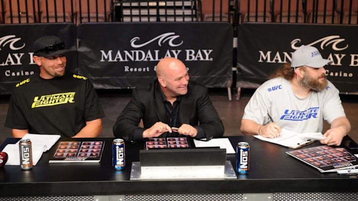 LAS VEGAS, NV - JULY 31: (L-R) Coach Shane Carwin, UFC President Dana White, and coach Roy Nelson look on during an elimination bout for The Ultimate Fighter season sixteen at Mandalay Bay on July 31, 2012 in Las Vegas, Nevada. (Photo by Al Powers/Zuffa LLC/Zuffa LLC via Getty Images)