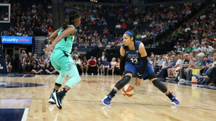 MINNEAPOLIS, MN - JUNE 16: Maya Moore #23 of the Minnesota Lynx handles the ball against the New York Liberty on June 16, 2018 at Target Center in Minneapolis, Minnesota. NOTE TO USER: User expressly acknowledges and agrees that, by downloading and or using this Photograph, user is consenting to the terms and conditions of the Getty Images License Agreement. Mandatory Copyright Notice: Copyright 2018 NBAE (Photo by Jordan Johnson/NBAE via Getty Images)