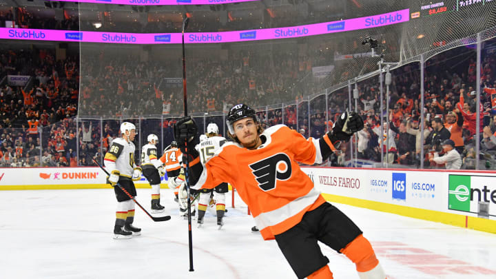 Oct 21, 2019; Philadelphia, PA, USA; Philadelphia Flyers center Travis Konecny (11) celebrates his goal against the Vegas Golden Knights during the first period at Wells Fargo Center. Mandatory Credit: Eric Hartline-USA TODAY Sports