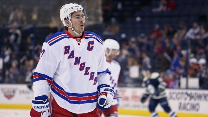 Apr 4, 2016; Columbus, OH, USA; New York Rangers defenseman Ryan McDonagh (27) against the Columbus Blue Jackets at Nationwide Arena. The Rangers won 4-2. Mandatory Credit: Aaron Doster-USA TODAY Sports