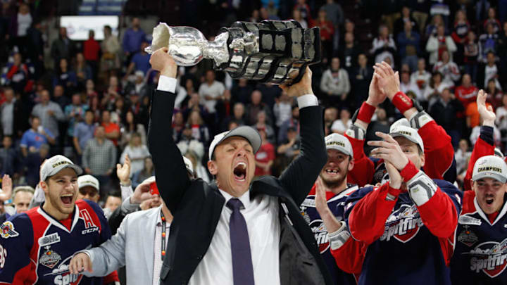 WINDSOR, ON - MAY 28: Head Coach Rocky Thompson of the Windsor Spitfires celebrates winning the championship game of the Mastercard Memorial Cup against the Erie Otters 4-3 on May 28, 2017 at the WFCU Centre in Windsor, Ontario, Canada. (Photo by Dennis Pajot/Getty Images)