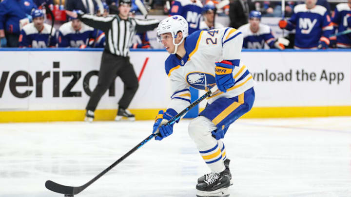 Mar 25, 2023; Elmont, New York, USA; Buffalo Sabres center Dylan Cozens (24) skates down ice on a breakaway in the third period against the New York Islanders at UBS Arena. Mandatory Credit: Wendell Cruz-USA TODAY Sports