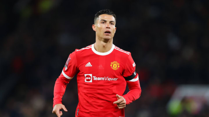 MANCHESTER, ENGLAND - FEBRUARY 04: Cristiano Ronaldo of Manchester United reacts during the Emirates FA Cup Fourth Round match between Manchester United and Middlesbrough at Old Trafford on February 04, 2022 in Manchester, England. (Photo by James Gill - Danehouse/Getty Images)