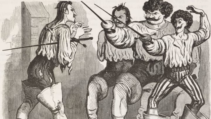 The three or four musketeers, parody of the novel by Alexandre Dumas, illustration by Emile Marcelin (1825-1887) from Le Journal pour rire, No 105, October 1, 1853.