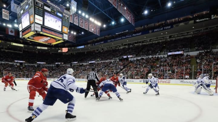 Oct 18, 2014; Detroit, MI, USA; General view during face off in the third period of the game between the Detroit Red Wings and the Toronto Maple Leafs at Joe Louis Arena. Detroit won 1-0 in overtime. Mandatory Credit: Rick Osentoski-USA TODAY Sports