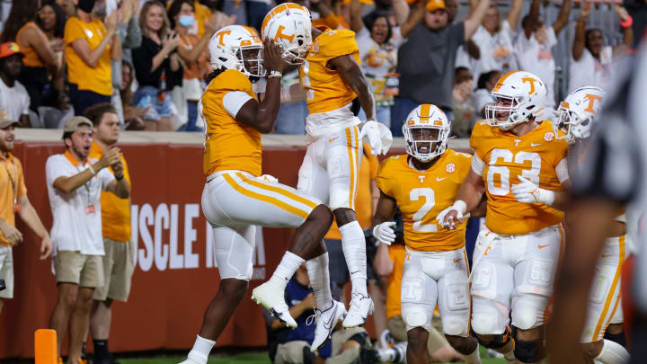 Sep 2, 2021; Knoxville, Tennessee, USA; Tennessee Volunteers quarterback Joe Milton III (7) and wide receiver JaVonta Payton (3) celebrate after a touchdown by Milton against the Bowling Green Falcons during the first quarter at Neyland Stadium. Mandatory Credit: Randy Sartin-USA TODAY Sports