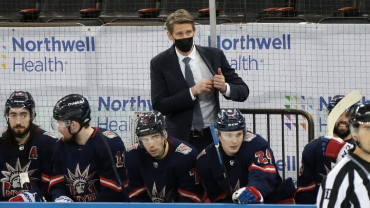 MARCH 17: Handling coaching duties for the New York Rangers against the Philadelphia Flyers is Hartford Wolf Pack Head Coach Kris Knoblauch (Photo by Bruce Bennett/Getty Images)