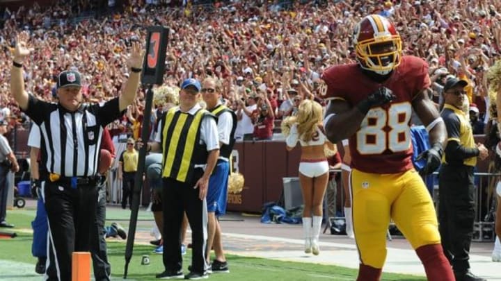 Sep 20, 2015; Landover, MD, USA; Washington Redskins wide receiver Pierre Garcon (88) celebrates after scoring a touchdown against the St. Louis Rams during the first half at FedEx Field. Mandatory Credit: Brad Mills-USA TODAY Sports