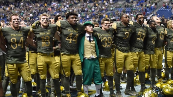 Nov 12, 2016; San Antonio, TX, USA; The Notre Dame Fighting Irish sing their Alma Mater after the game against the Army Black Knights at the Alamodome. Notre Dame won 44-6. Mandatory Credit: Matt Cashore-USA TODAY Sports