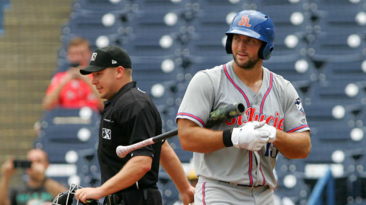 TAMPA, FL - AUG 13: Tim Tebow (15) of the Mets has a difference of opinion with the third strike call by home plate umpire Matt Carlyon as he walks back to the dugout during the Florida State League game between the St. Lucie Mets and the Tampa Yankees on August 13, 2017, at Steinbrenner Field in Tampa, FL. (Photo by Cliff Welch/Icon Sportswire via Getty Images)