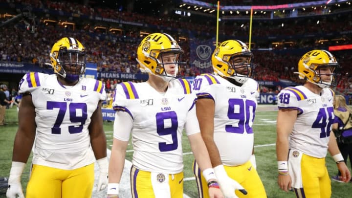 ATLANTA, GEORGIA - DECEMBER 07: Joe Burrow #9 of the LSU Tigers looks on before the SEC Championship game against the Georgia Bulldogs at Mercedes-Benz Stadium on December 07, 2019 in Atlanta, Georgia. (Photo by Kevin C. Cox/Getty Images)