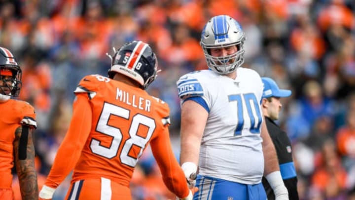 DENVER, CO – DECEMBER 22: Von Miller #58 of the Denver Broncos greets Dan Skipper #70 of the Detroit Lions on the field during a game at Empower Field on December 22, 2019 in Denver, Colorado. (Photo by Dustin Bradford/Getty Images)