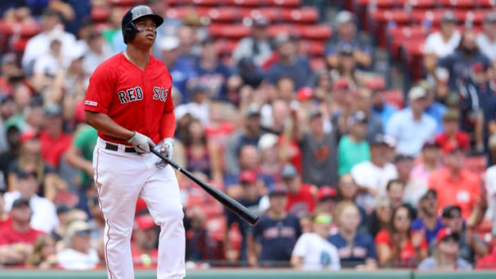 BOSTON, MASSACHUSETTS - AUGUST 18: Rafael Devers #11 of the Boston Red Sox watches his home run during the seventh inning against the Baltimore Orioles at Fenway Park on August 18, 2019 in Boston, Massachusetts. (Photo by Maddie Meyer/Getty Images)