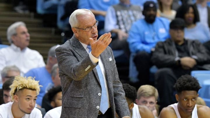 CHAPEL HILL, NC - NOVEMBER 15: Head coach Roy Williams of the North Carolina Tar Heels reacts during their game against the Bucknell Bison at the Dean Smith Center on November 15, 2017 in Chapel Hill, North Carolina. North Carolina won 93-81. (Photo by Grant Halverson/Getty Images)