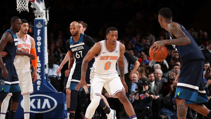 NEW YORK, NY - MARCH 23: Troy Williams #0 of the New York Knicks plays defense against the Minnesota Timberwolves on March 23, 2018 at Madison Square Garden in New York City, New York. NOTE TO USER: User expressly acknowledges and agrees that, by downloading and or using this photograph, User is consenting to the terms and conditions of the Getty Images License Agreement. Mandatory Copyright Notice: Copyright 2018 NBAE (Photo by Nathaniel S. Butler/NBAE via Getty Images)