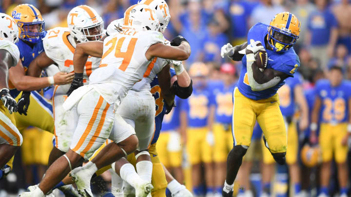 Pittsburgh running back Israel Abanikanda (2) runs the ball during a game between the Tennessee Volunteers and Pittsburgh Panthers in Acrisure Stadium in Pittsburgh, Saturday, Sept. 10, 2022. The Vols defeated Pitt 34-27 in overtime.Tennpitt0910 03536