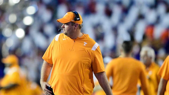 Tennessee Head Coach Josh Heupel eyes the game during a game at Ben Hill Griffin Stadium in Gainesville, Fla. on Saturday, Sept. 25, 2021.Kns Tennessee Florida Football