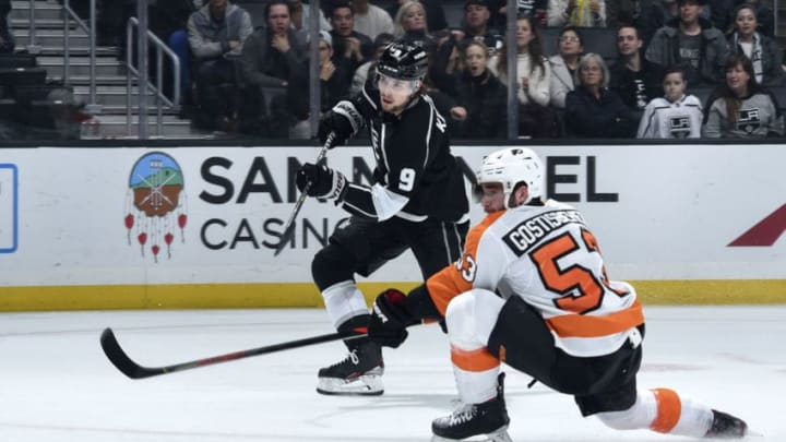 LOS ANGELES, CA - DECEMBER 31: Adrian Kempe #9 of the Los Angeles Kings shoots and scores during the first period against the Philadelphia Flyers at STAPLES Center on December 31, 2019 in Los Angeles, California. (Photo by Juan Ocampo/NHLI via Getty Images)