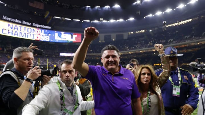NEW ORLEANS, LOUISIANA - JANUARY 13: Head coach Ed Orgeron of the LSU Tigers celebrates after defeating the Clemson Tigers 42-25 in the College Football Playoff National Championship game at Mercedes Benz Superdome on January 13, 2020 in New Orleans, Louisiana. (Photo by Kevin C. Cox/Getty Images)