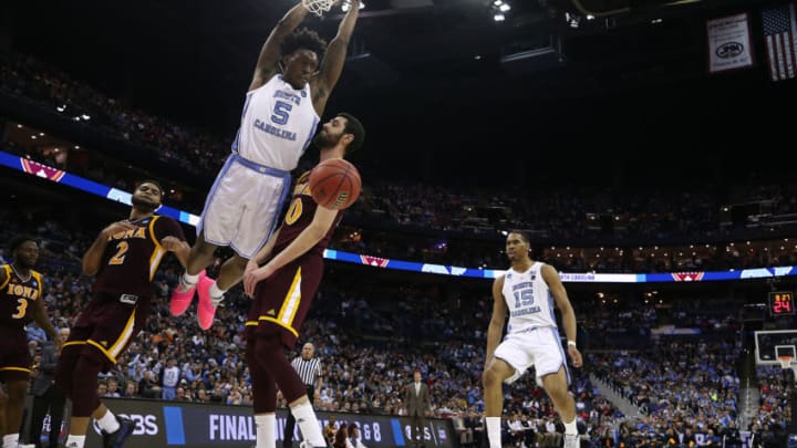 COLUMBUS, OHIO - MARCH 22: Nassir Little #5 of the North Carolina Tar Heels dunks against Andrija Ristanovic #10 of the Iona Gaels during the second half of the game in the first round of the 2019 NCAA Men's Basketball Tournament at Nationwide Arena on March 22, 2019 in Columbus, Ohio. (Photo by Gregory Shamus/Getty Images)