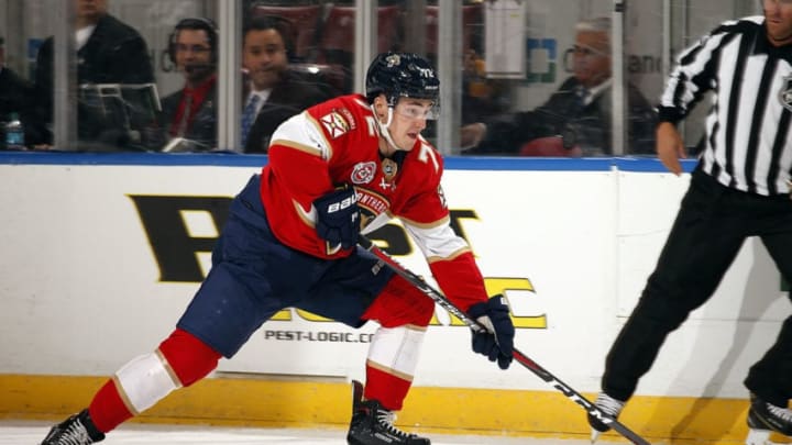 SUNRISE, FL - JANUARY 21: Frank Vatrano #72 of the Florida Panthers skates with the puck against the San Jose Sharks at the BB&T Center on January 21, 2019 in Sunrise, Florida. (Photo by Eliot J. Schechter/NHLI via Getty Images)