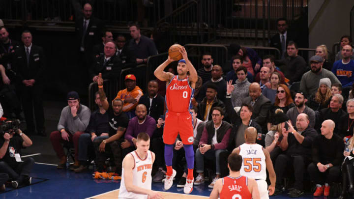 NEW YORK, NY - DECEMBER 25: Jerryd Bayless #0 of the Philadelphia 76ers shoots the ball against the New York Knicks on December 25, 2017 at Madison Square Garden in New York City, New York. NOTE TO USER: User expressly acknowledges and agrees that, by downloading and/or using this photograph, user is consenting to the terms and conditions of the Getty Images License Agreement. Mandatory Copyright Notice: Copyright 2017 NBAE (Photo by Matteo Marchi/NBAE via Getty Images)