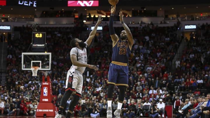 Mar 12, 2017; Houston, TX, USA; Cleveland Cavaliers forward LeBron James (23) shoots the ball over Houston Rockets guard James Harden (13) during the fourth quarter at Toyota Center. Mandatory Credit: Troy Taormina-USA TODAY Sports