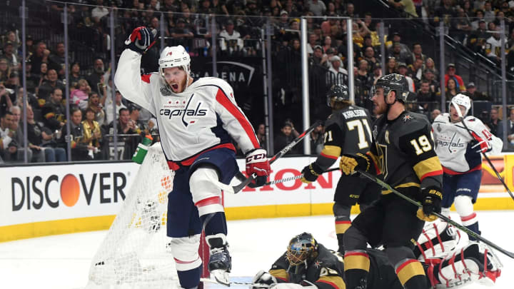 LAS VEGAS, NV – MAY 28: John Carlson #74 of the Washington Capitals celebrates his second-period goal against the Vegas Golden Knights in Game One of the 2018 NHL Stanley Cup Final at T-Mobile Arena on May 28, 2018 in Las Vegas, Nevada. (Photo by Harry How/Getty Images)