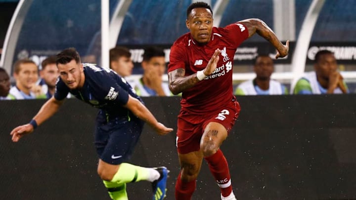 EAST RUTHERFORD, NJ - JULY 25: Nathaniel Clyne #2 of Liverpool moves upfield from Jack Harrison #38 of Manchester City during their match at MetLife Stadium on July 25, 2018 in East Rutherford, New Jersey. (Photo by Jeff Zelevansky/Getty Images)