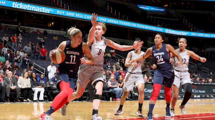 WASHINGTON, DC -  MAY 22: Elena Delle Donne #11 of the Washington Mystics drives to the basket against the Las Vegas Aces on May 22, 2018 at Capital One Arena in Washington, DC. NOTE TO USER: User expressly acknowledges and agrees that, by downloading and or using this Photograph, user is consenting to the terms and conditions of the Getty Images License Agreement. Mandatory Copyright Notice: Copyright 2018 NBAE (Photo by Stephen Gosling/NBAE via Getty Images)