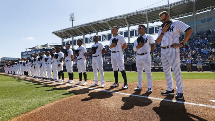 TAMPA, FL - FEBRUARY 26: The New York Yankees stand for the national anthem before a spring training game against the Atlanta Braves at George M. Steinbrenner Field on February 26, 2023 in Tampa, Florida. (Photo by New York Yankees/Getty Images)