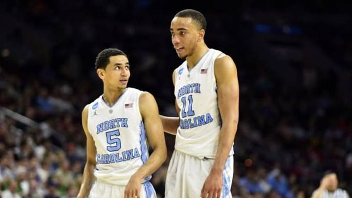 Mar 25, 2016; Philadelphia, PA, USA; North Carolina Tar Heels guard Marcus Paige (5) talks with forward Brice Johnson (11) during the second half against the Indiana Hoosiers in a semifinal game in the East regional of the NCAA Tournament at Wells Fargo Center. Mandatory Credit: Bob Donnan-USA TODAY Sports Mar 25, 2016; Philadelphia, PA, USA; North Carolina Tar Heels guard Marcus Paige (5) talks with forward Brice Johnson (11) during the second half against the Indiana Hoosiers in a semifinal game in the East regional of the NCAA Tournament at Wells Fargo Center. Mandatory Credit: Bob Donnan-USA TODAY Sports