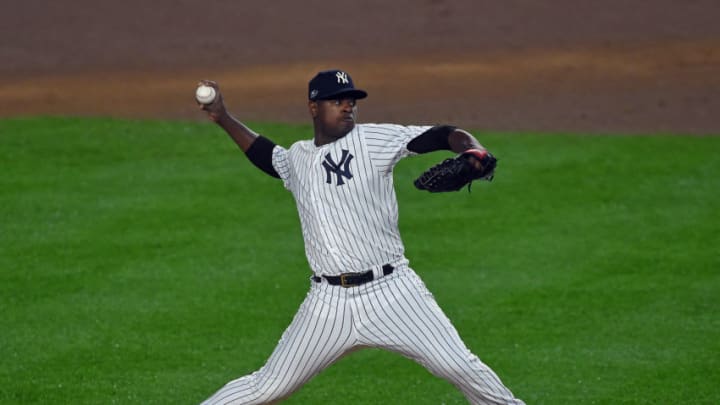 NEW YORK, NY - OCTOBER 8: Luis Severino #40 of the New York Yankees pitches against the Boston Red Sox in Game 3 of Major League Baseball's American League Division Series at Yankee Stadium in New York, New York on October 8, 2018. (Photo By Christopher Evans/Digital First Media/Boston Herald via Getty Images)
