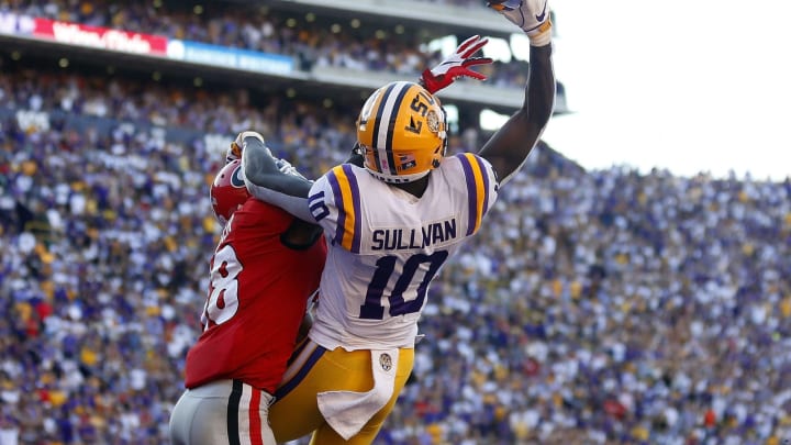 BATON ROUGE, LA – OCTOBER 13: Deandre Baker #18 of the Georgia Bulldogs breaks up a pass intended for Stephen Sullivan #10 of the LSU Tigers during the second half at Tiger Stadium on October 13, 2018 in Baton Rouge, Louisiana. (Photo by Jonathan Bachman/Getty Images)