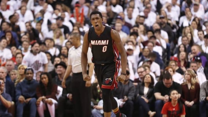 May 11, 2016; Toronto, Ontario, CAN; Miami Heat guard Josh Richardson (0) celebrates after hitting a three-point shot against the Toronto Raptors in game five of the second round of the NBA Playoffs at Air Canada Centre. The Raptors beat the Heat 99-91. Mandatory Credit: Tom Szczerbowski-USA TODAY Sports